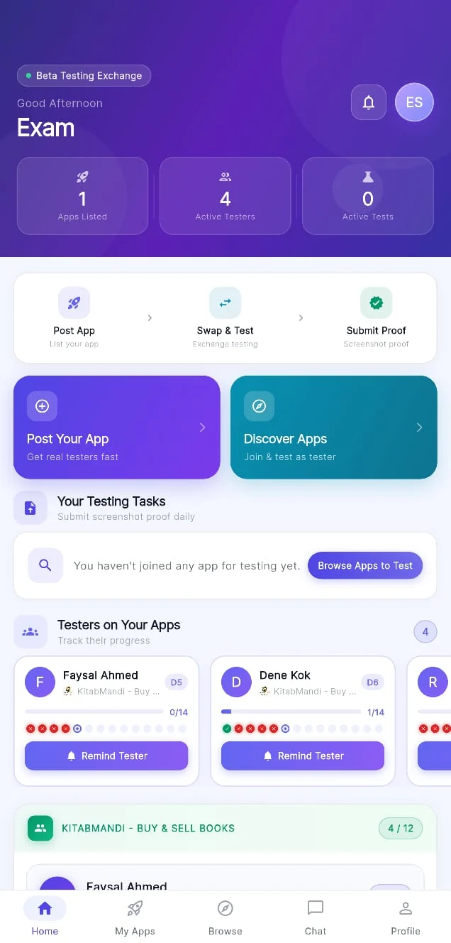TesterMandi app home screen: counts of apps listed, active testers and active tests, quick actions to post an app, swap and test or submit proof, and the daily progress of testers on your apps.